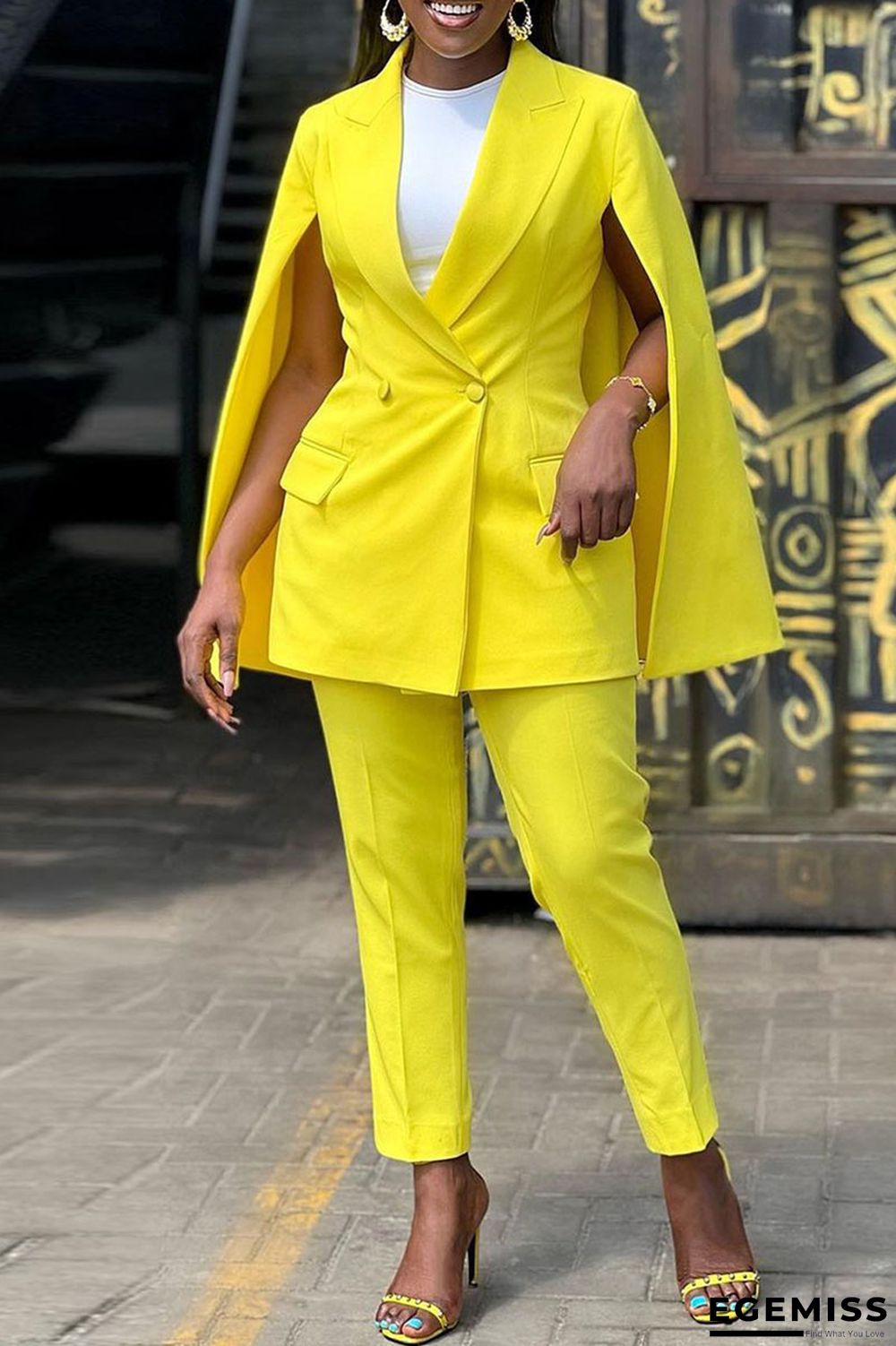 Yellow Work Elegant Solid Patchwork Buttons Turn-back Collar Long Sleeve Two Pieces | EGEMISS