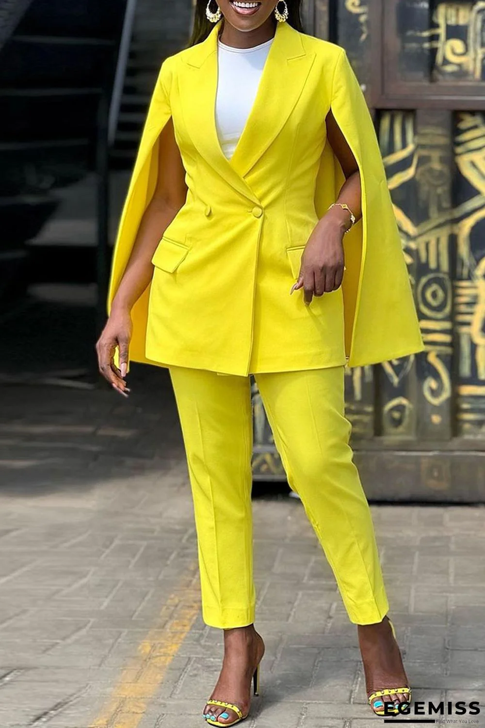Yellow Work Elegant Solid Patchwork Buttons Turn-back Collar Long Sleeve Two Pieces | EGEMISS