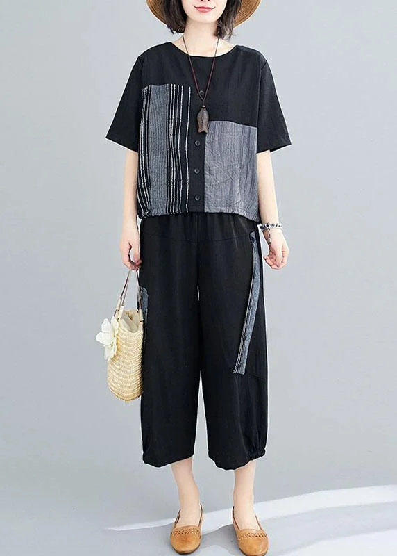 Unique Black asymmetrical design Linen Button Summer Two Pieces Set
