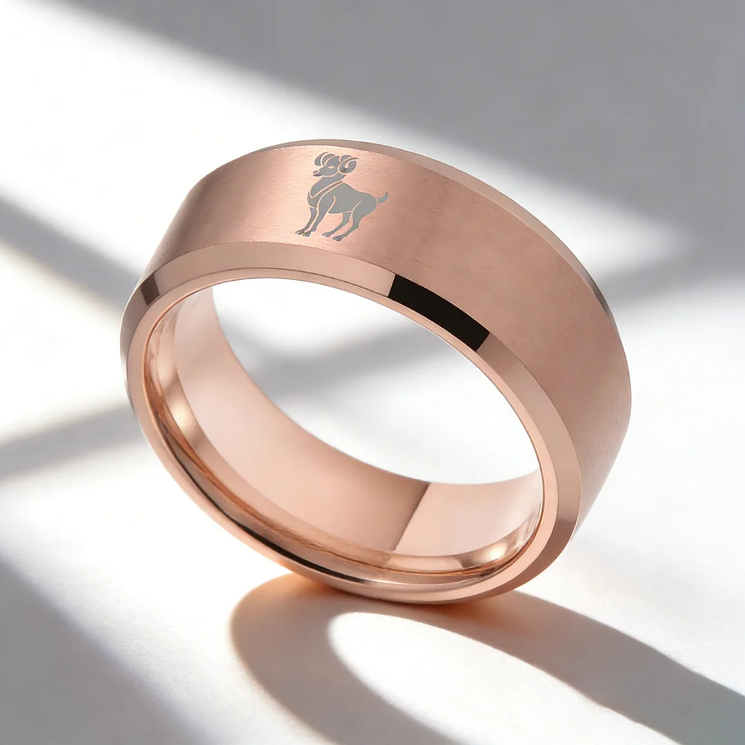Beveled Edges Laser Etched Tungsten Carbide Rings Rose Gold Aries Couple Wedding Bands 4MM 6MM 8MM