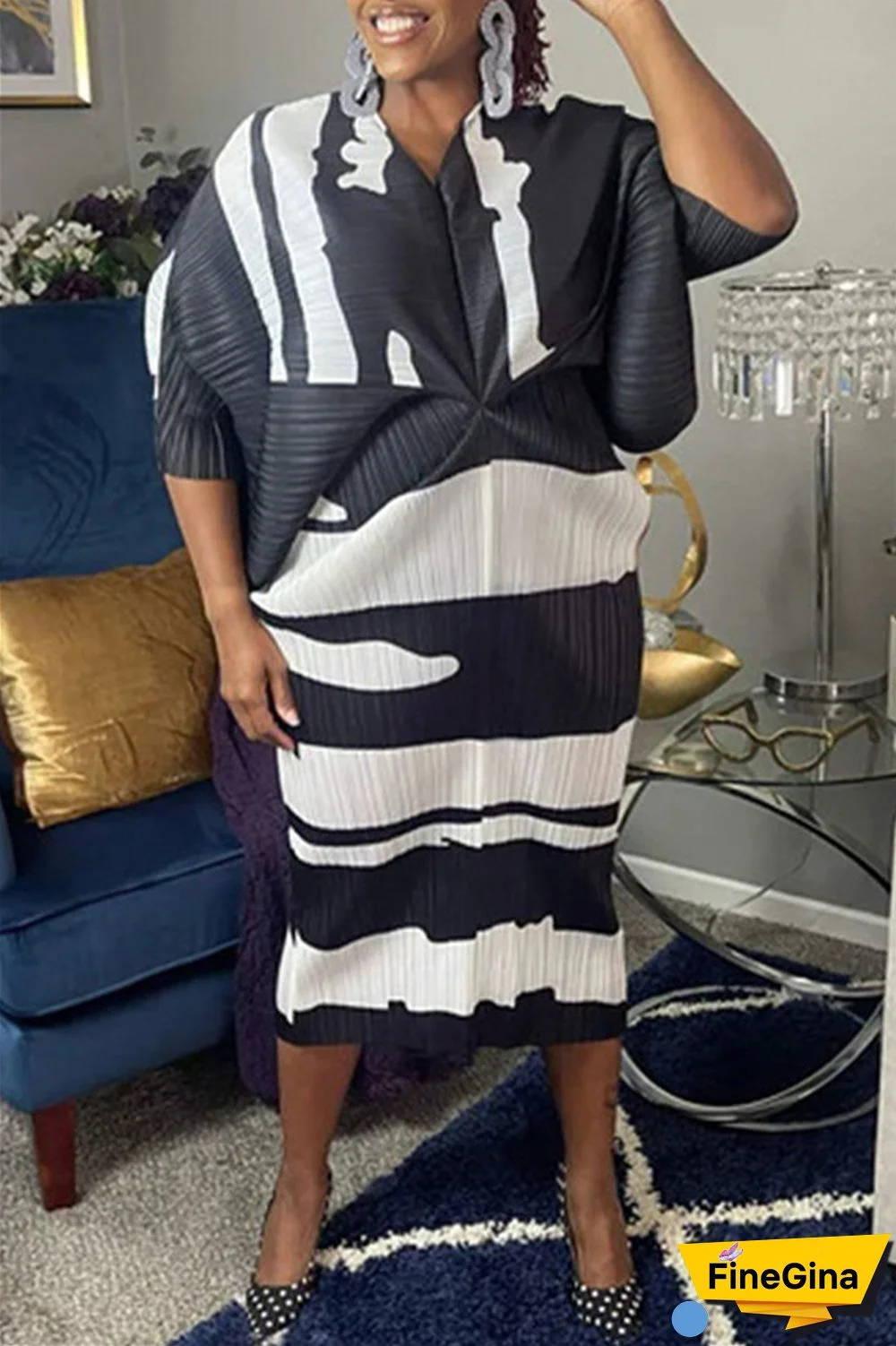 Pink Purple Casual Print Patchwork V Neck Pencil Skirt Plus Size Dresses