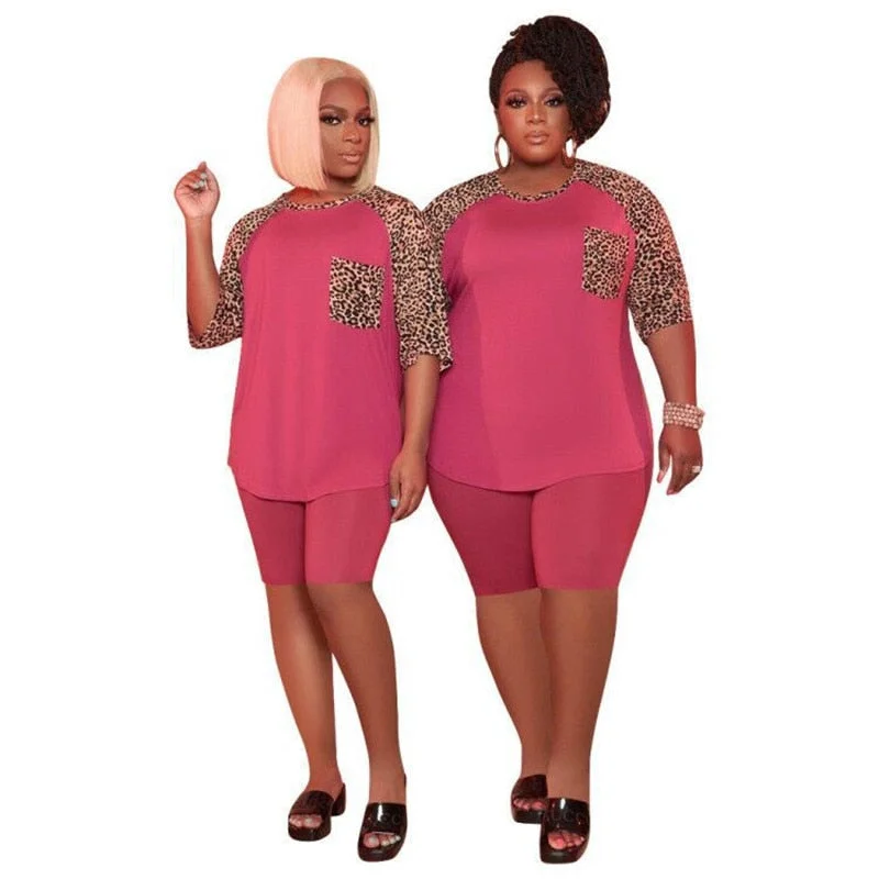 S-5xl Plus Size Women Clothing Two Piece Set Wholesale Matching Set Leopard Patchwork Crop Top and Pants Tracksuit Dropshipping