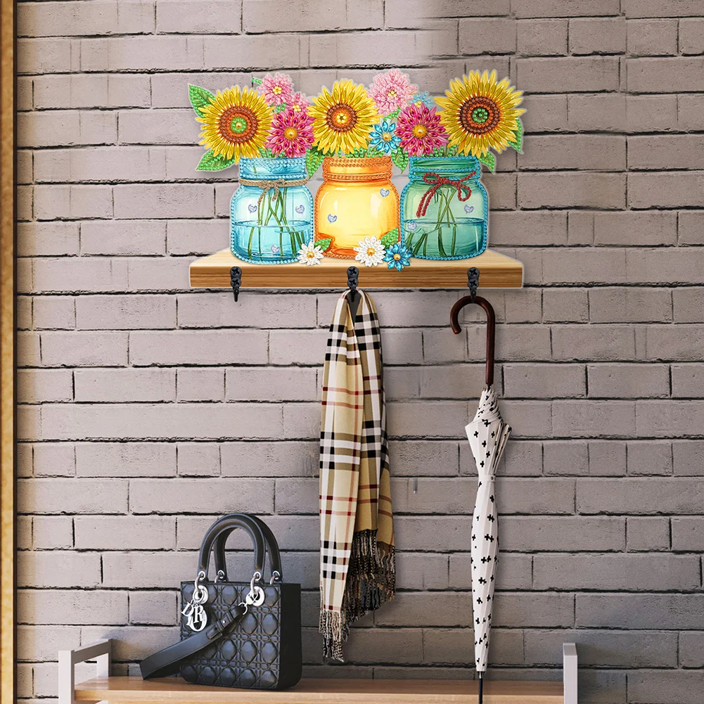 5D DIY Sunflower Vase Diamond Art Hooks Rhinestone Painting Coat Hook