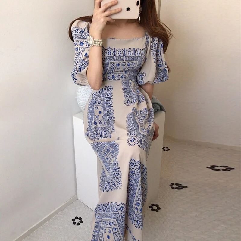 2020 New Summer Women Vintage Loose High Waist Slim Was Thin Elegant Square Collar Hir Color Maxi Dress