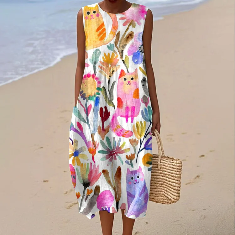 Women's Vintage Floral Cat Art Print Sleeveless Cotton Pocket Wrap Dress
