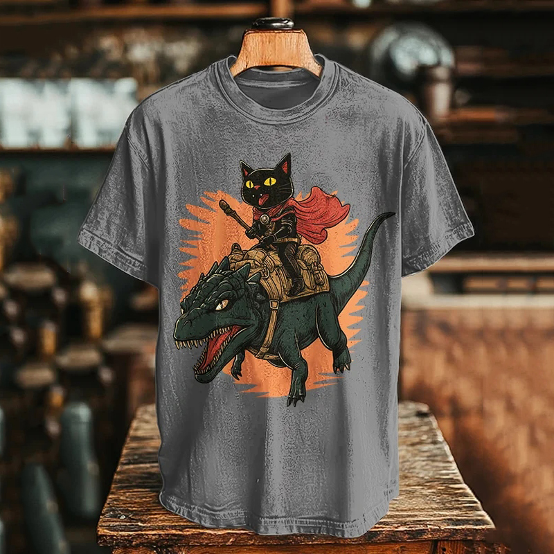 Men's Black Cat Knight And Dinosaur Print T-shirt