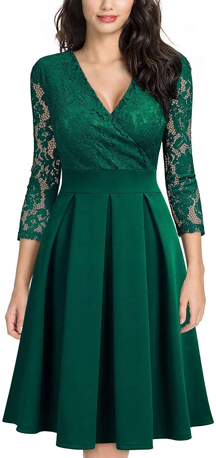 Women's Vintage Floral Lace 2/3 Sleeve Bridesmaid Party Dress