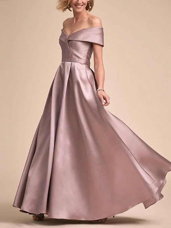 Off-the-shoulder Satin olid Color Dress