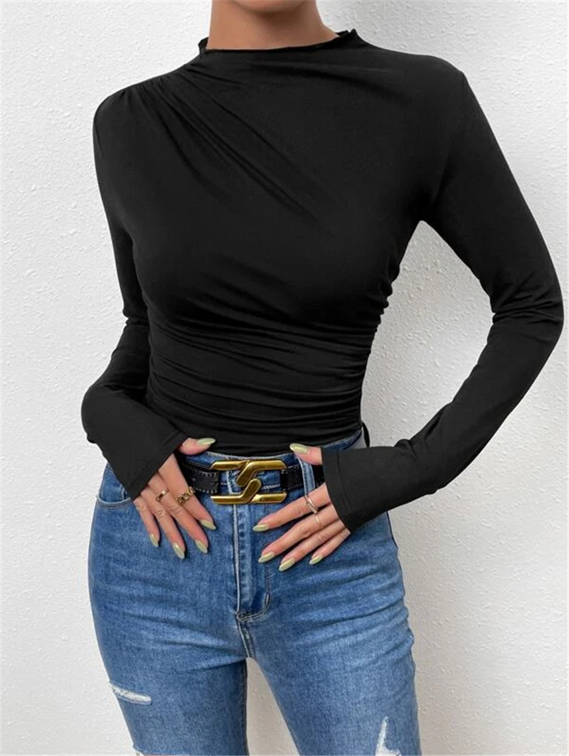 Ootddress Solid Casual Pleated T-shirt For Women Patchwork Long Sleeve High Waist Inner Ruffled Crop top Ladies Vintage Y2k Top Tee