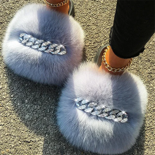Fur Fluffy Flip Flops Diamond Chain Slippers