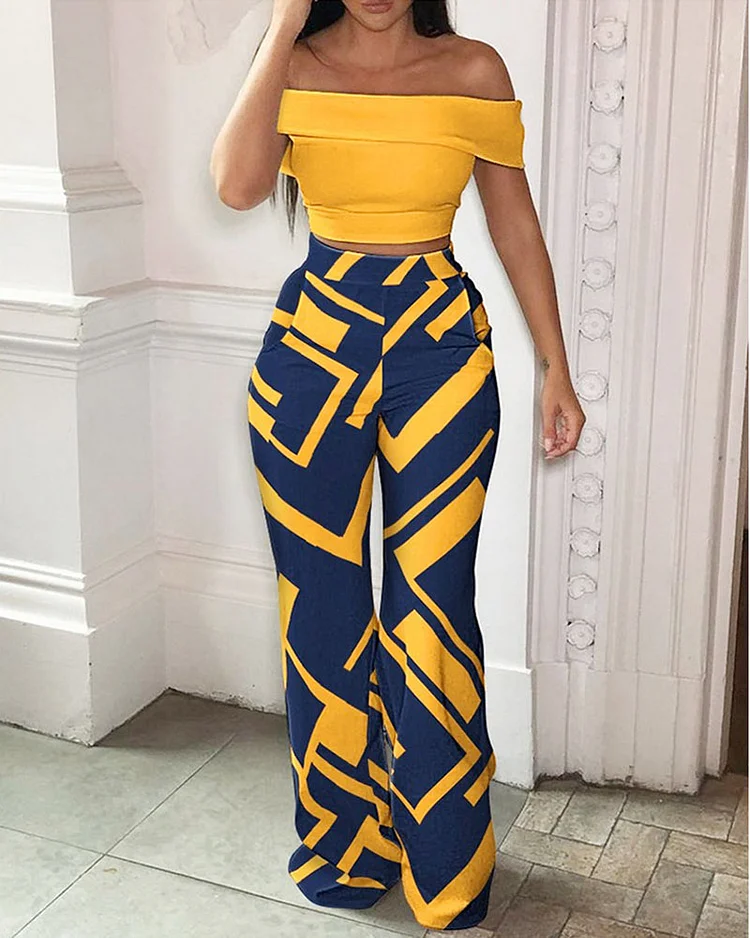 One-shoulder Cropped Top & Trousers Two-piece Set