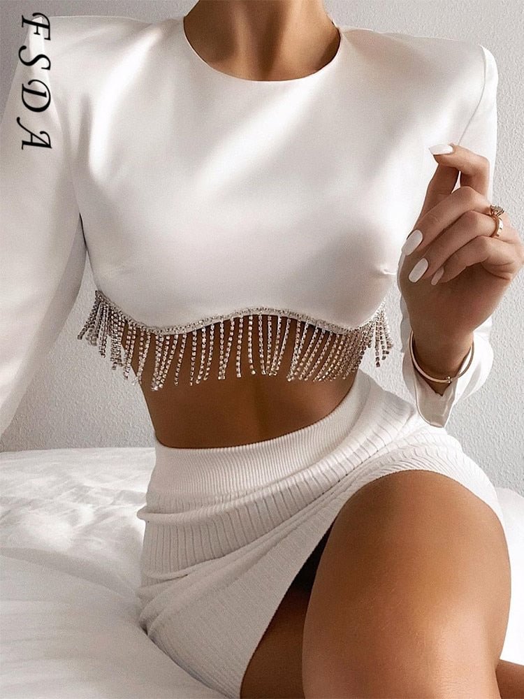 FSDA 2021 Satin Long Sleeve Crop Top Women White Autumn Winter Sexy Diamond Elegant T Shirts Fashion 90s Vintage Casual O Neck