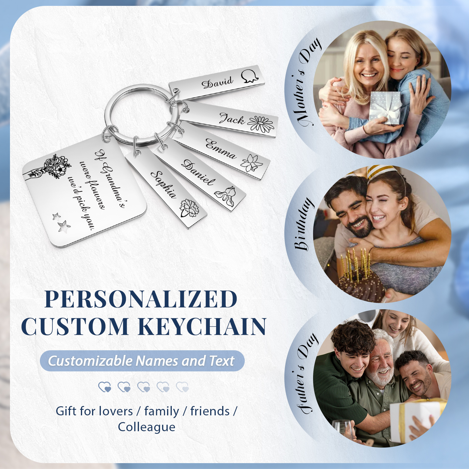 Personalised 5 Names & 5 Birth Flowers Keychain Custom Text Family Keychain Gifts for Mother/Grandma-Jessemade AU