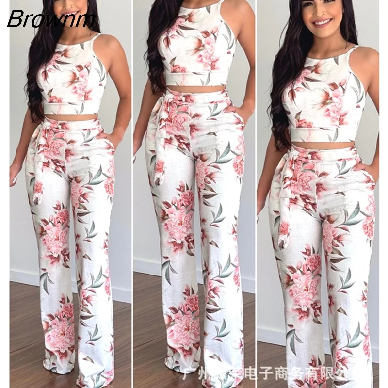 Brownm and American women's full-frame floral tight-fitting sling top suit trousers woman cloth female two pieces set pants