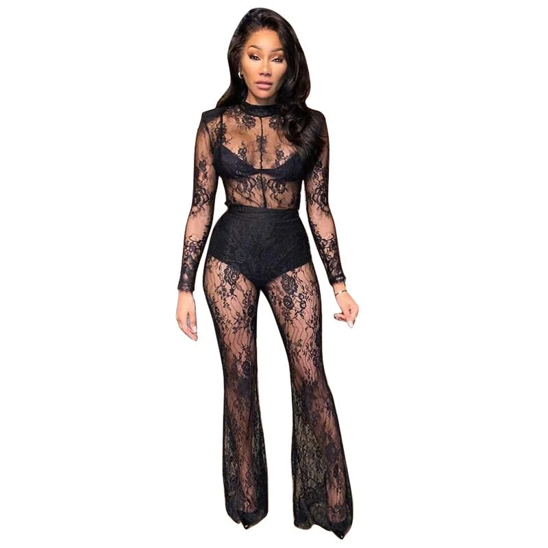 CM.YAYA Sexy O-neck Knitted Women Bodysuit Black Lace See-through Tight Slim Party Nightclub Bodysuits Women Jumpsuit