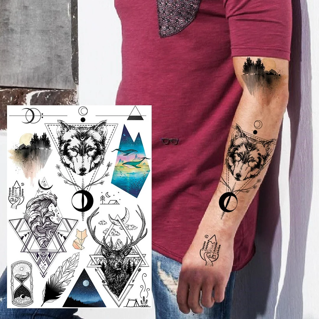 Realistic Fake Black Animal Temporary Tattoos Sticker For Men Women Geometric Wolf Outer Space Tatoo Temporary Decal For Kids