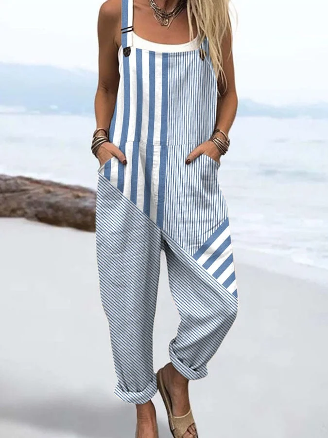 Women's Casual Striped Printed Cotton and Linen Overalls