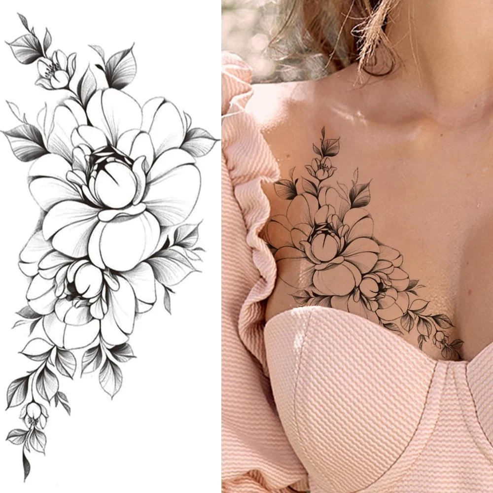 Large Realistic Flower Fake Tattoo Stickers For Woman Female Azalea Snake Flower Temporary Tattoos Body Art Water Transfer Tatoo 1103-1