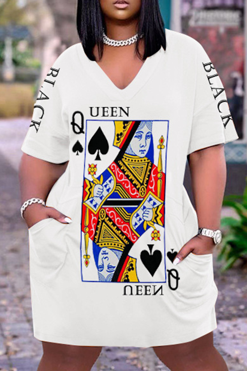 Plus Size Casual Poker Queen Print V Neck Short Sleeve With Pockets Midi Dress