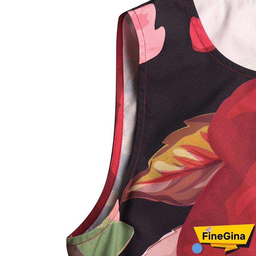 Women Loose Holiday Sleeveless Long Shirt Dress Crew Neck Floral Printed Beach Maxi Sundress Plus