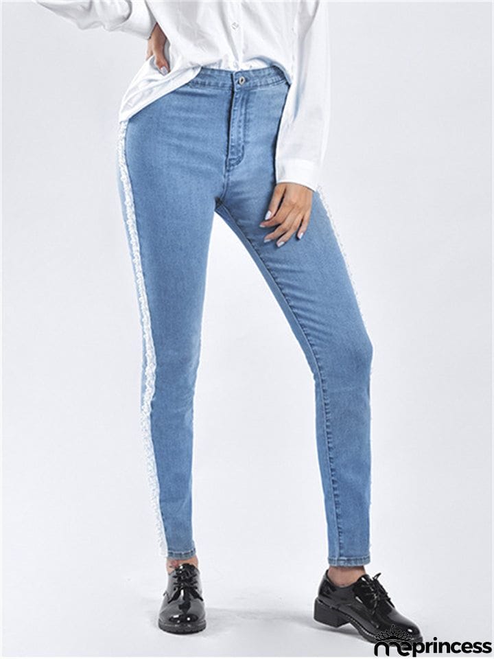 Spring Autumn Pretty White Pearl Woven Tape Thin Denim Jeans for Women