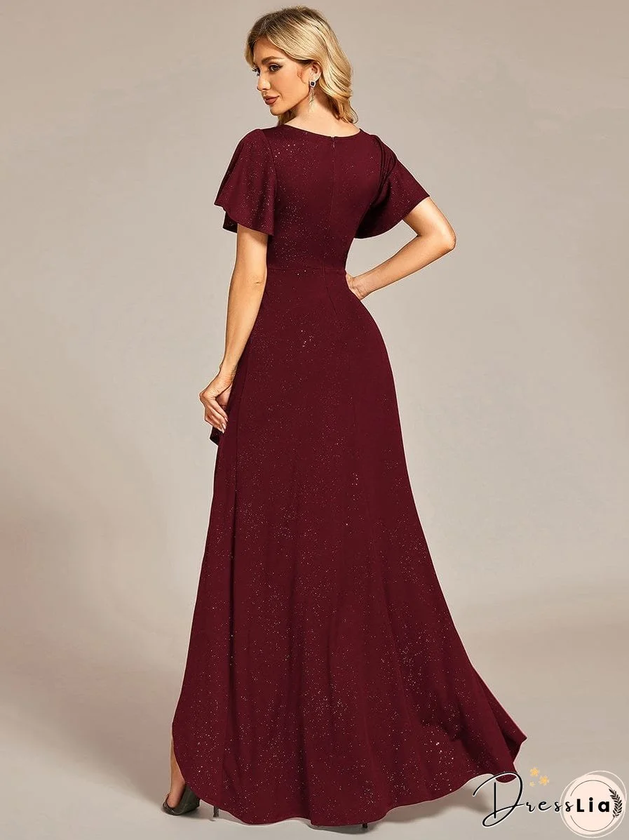Ruffled Sleeve Tea Length Evening Dress with Side Split