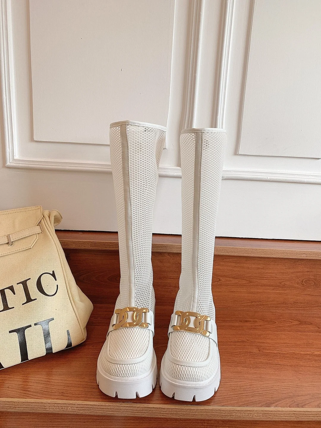 High Knee Cool Boots Sandals Women 2021 New 6.5cm Hihg Heels Rome Mesh Breathable Zipper Sandals Ladies Paltform Sandals Shoes