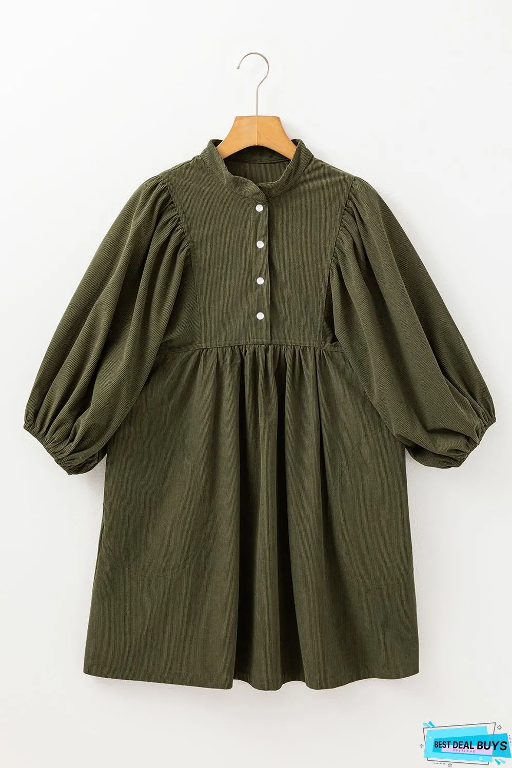 Vineyard Green Corduroy Snap Buttons Empire Waist Bracelet Sleeve Dress