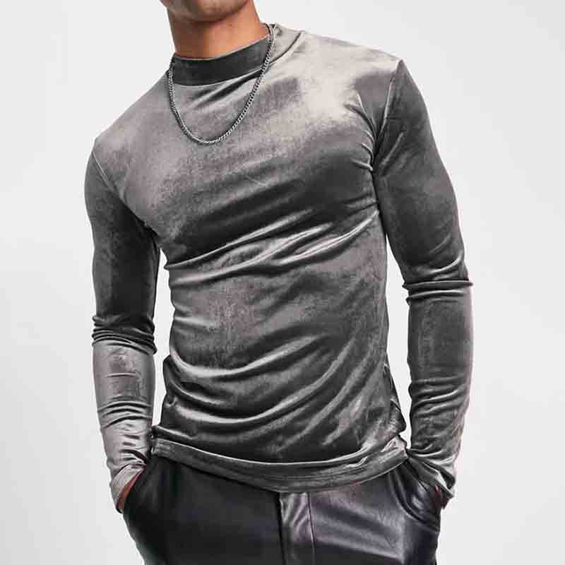 Comstylish Vintage Christmas Gold Velvet High Neck Warm Long Sleeve T-Shirt