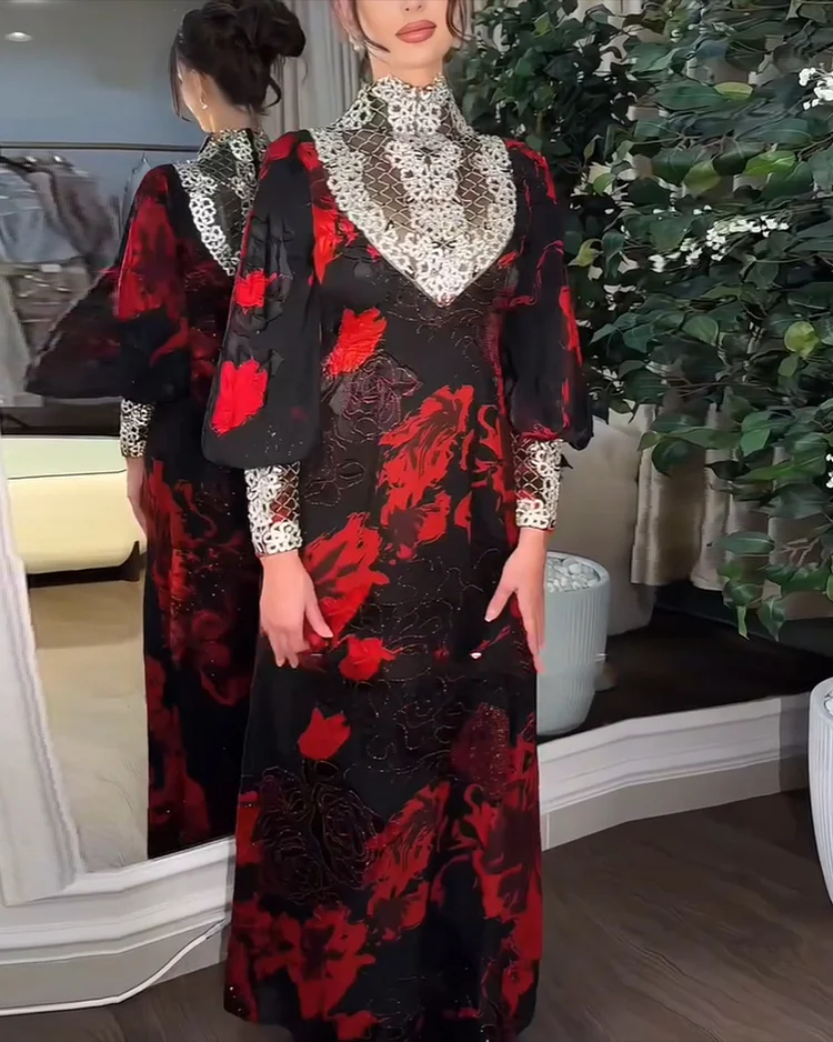 Women's Lace Long Sleeve Print Dress