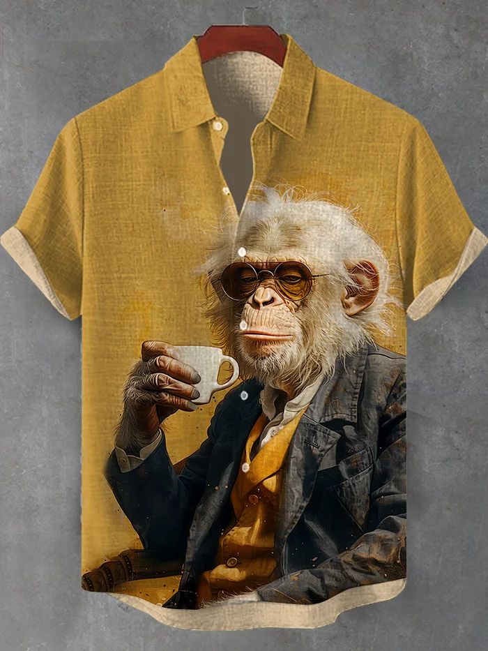 Men's Chilling Monkey Scientist Drinking Coffee Art Print Shirt