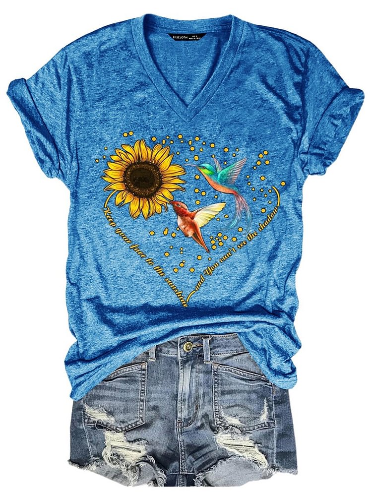 Bestdealfriday Sunflower Hummingbird V Neck Animal Casual Short Sleeve Woman's Shirts Tops