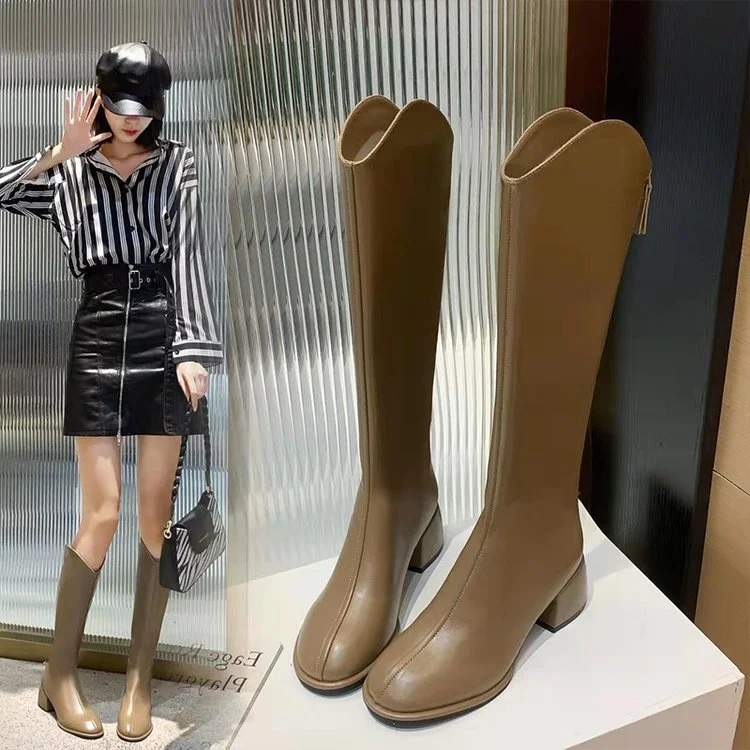 Churchf Churchf New Long Leather Boots Female Fairy Wind Casual 43 Plus Size High Heel Knight Boots Korean Version Of Leather Face High Boots Women
