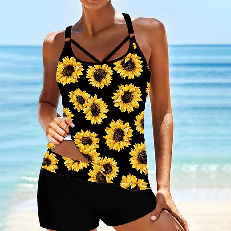 Casual Vintage Sunflower Print Swimsuit