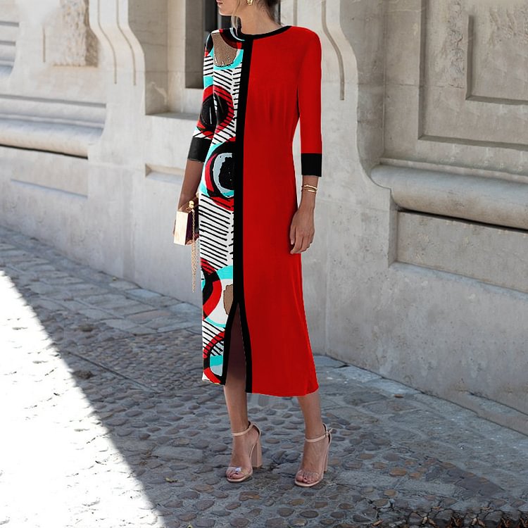 Round Neck Fashion Print Contrast Midi Dress