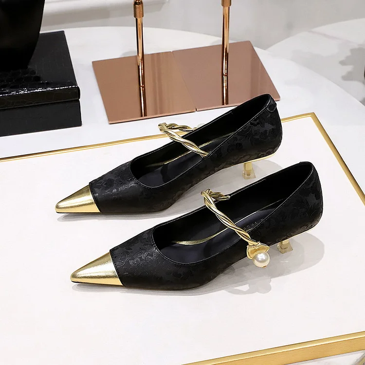 BIGTREE SHOES 237-23 National Style Women's Shoes Stiletto Heel Metal Heel Mid Heel Patchwork Assorted Colors Pointed Toe Shallow Mouth Strap Pearl Shoes Women