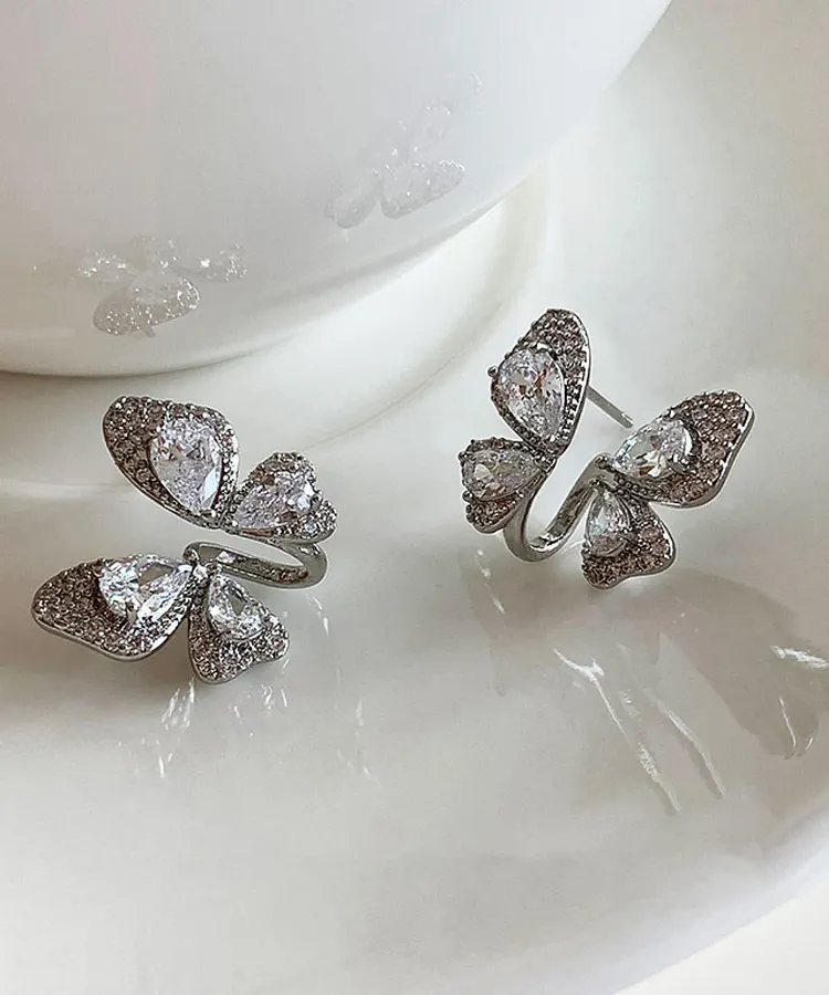 Fine Silk Copper Alloy Zircon Butterfly Stud Earrings
