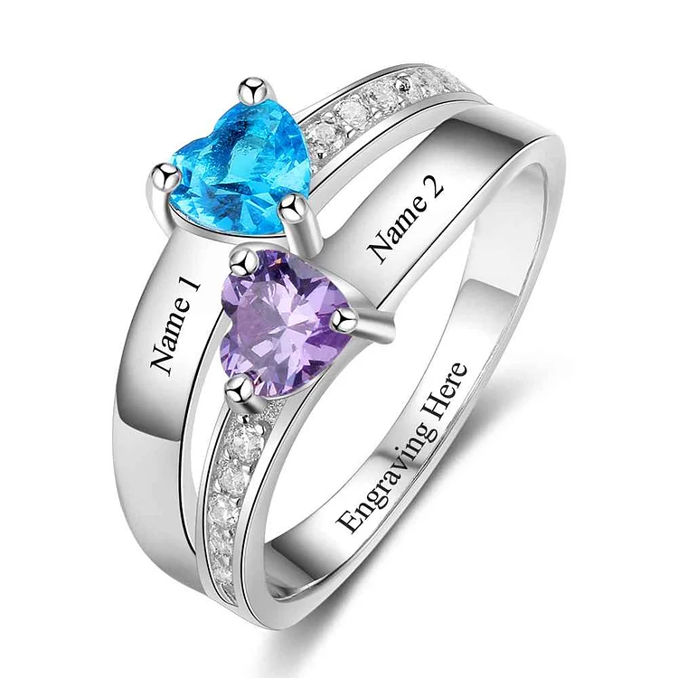 Double Heart Promise Ring With 2 Birthstones Engraved Ring in Sterling Silver