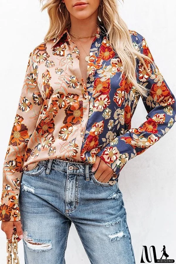 MidiSono - Floral long sleeve women's Lapel button shirt