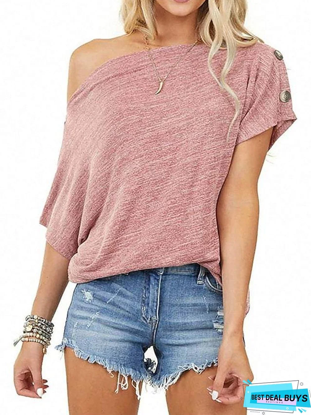 Women's T-Shirt Plain Button Off Shoulder Tops Basic Top Black Blushing Pink Wine