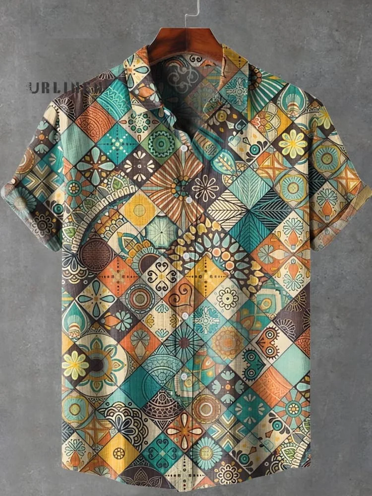 Vintage Ethnic Patchwork Pattern Art Print Casual 100% Cotton Shirt