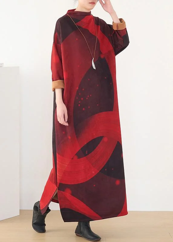 Simple loose waist cotton o neckclothes Tunic Tops red priints loose Dresses