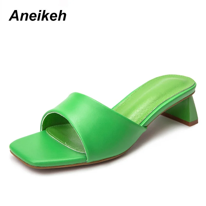Aneikeh New Summer Women Shoes Square Toe Slides Rubber PU Solid Outside 5CM Thin Heels Adult Shallow Beach Slippers Size 35-42