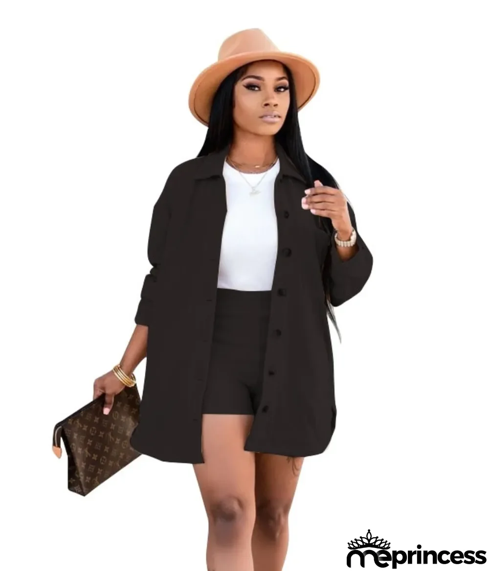 Autumn Casual Solid Plain Blouse and Shorts Set