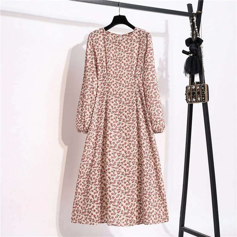 Autumn Winter Women Dress 2022 Vintage Lantern Sleeve Floral Print Chiffon Long Dress Casual A-line Elegant Party Vestidos Robe