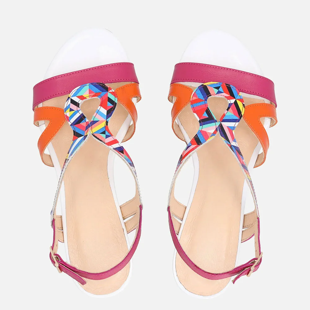 Multicolor Round Toe Ankle Strap Buckle Block Heel Sandals for Women