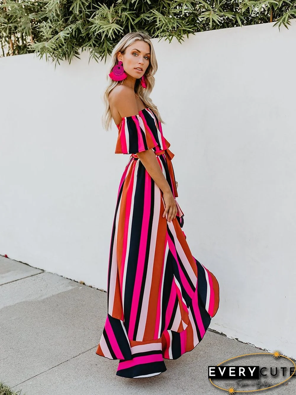 Vacation Off Shoulder Striped Belt Maxi Dress