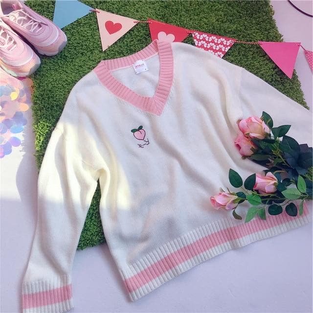 Sweet Cute Embroidery Peach Strawberry Pullovers Knitted Vest Sweater SP15963