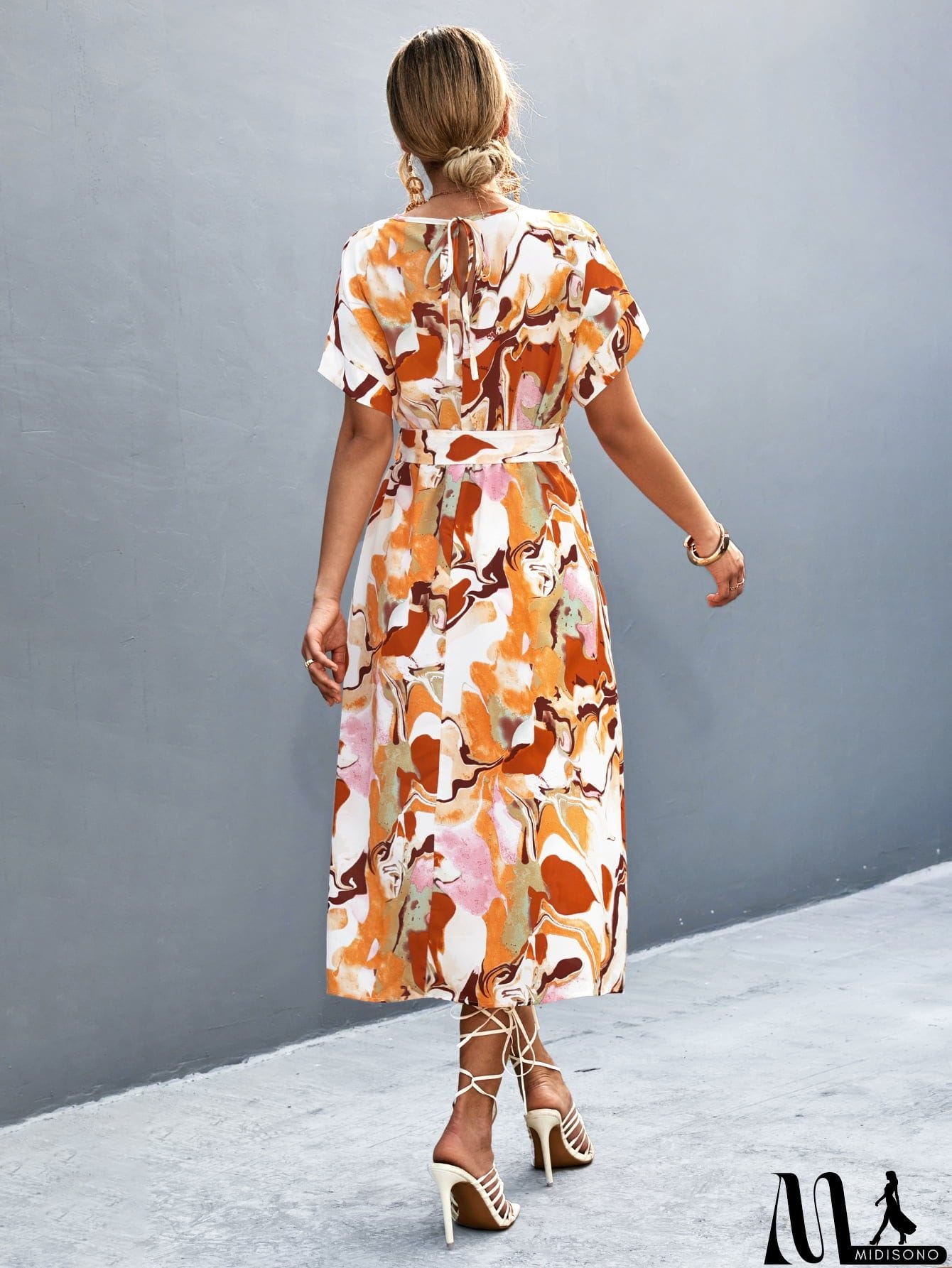 MidiSono - Round Neck Short Sleeve Tie Waist Midi Dress