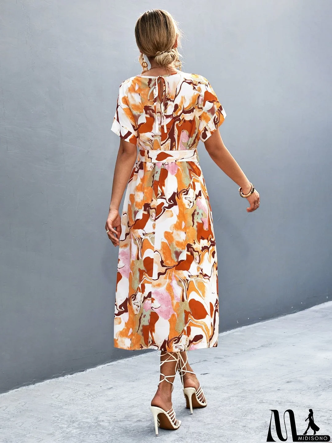 MidiSono - Round Neck Short Sleeve Tie Waist Midi Dress